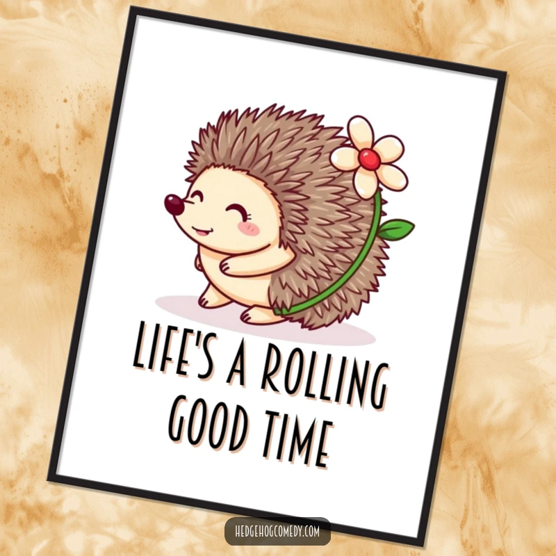 Funny Free Printable Wall Art: Happy hedgehog rolling joyfully with a delicate flower perched on its back.