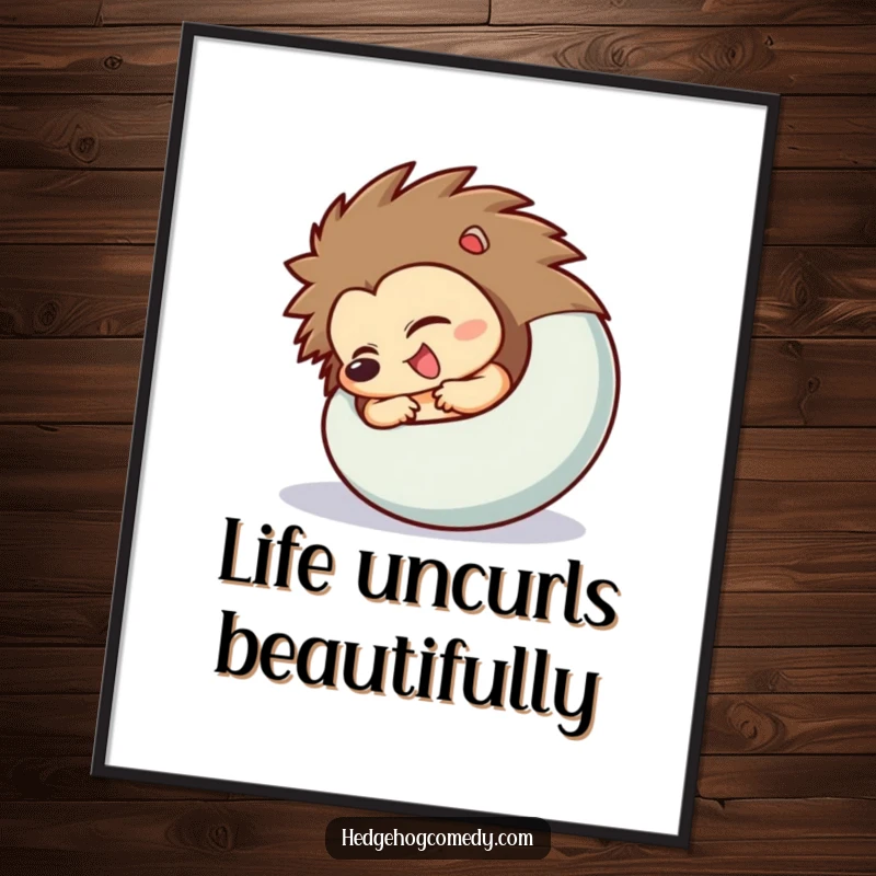 Funny Free Printable Wall Art: Hedgehog character captured mid-unfurling, showing excitement and a playful, open spirit.