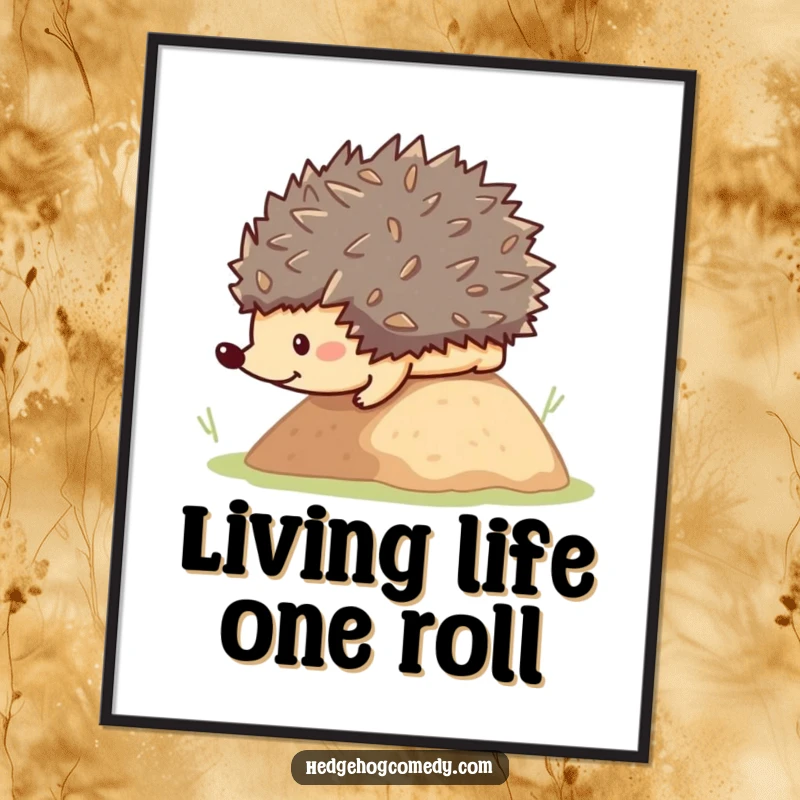 Funny Free Printable Wall Art: A cute kawaii hedgehog gleefully rolling down a small hill, bringing playful vibes.