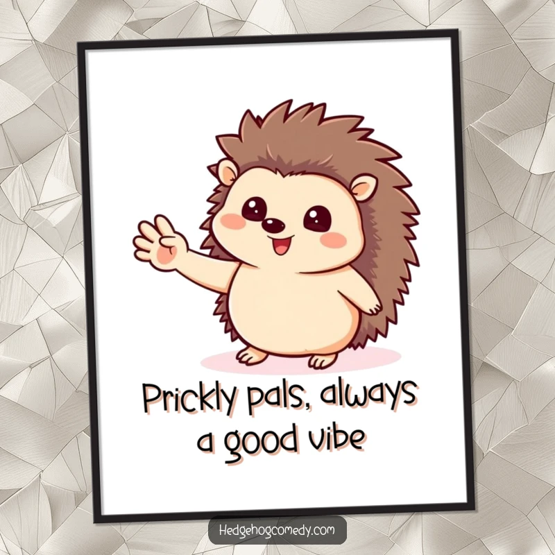 Funny Free Printable Wall Art of a cute hedgehog waving a tiny paw, adding a whimsical and humorous touch to any room, a perfect DIY decor piece.