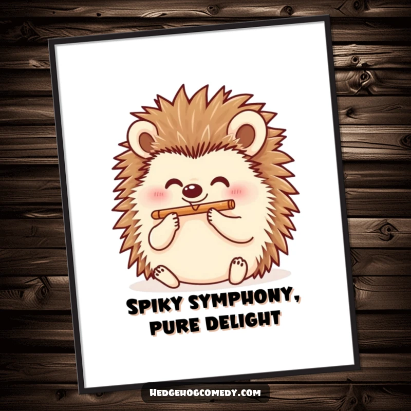 Funny Free Printable Wall Art of a happy hedgehog playing a tiny flute with a cheerful expression, perfect for framing.
