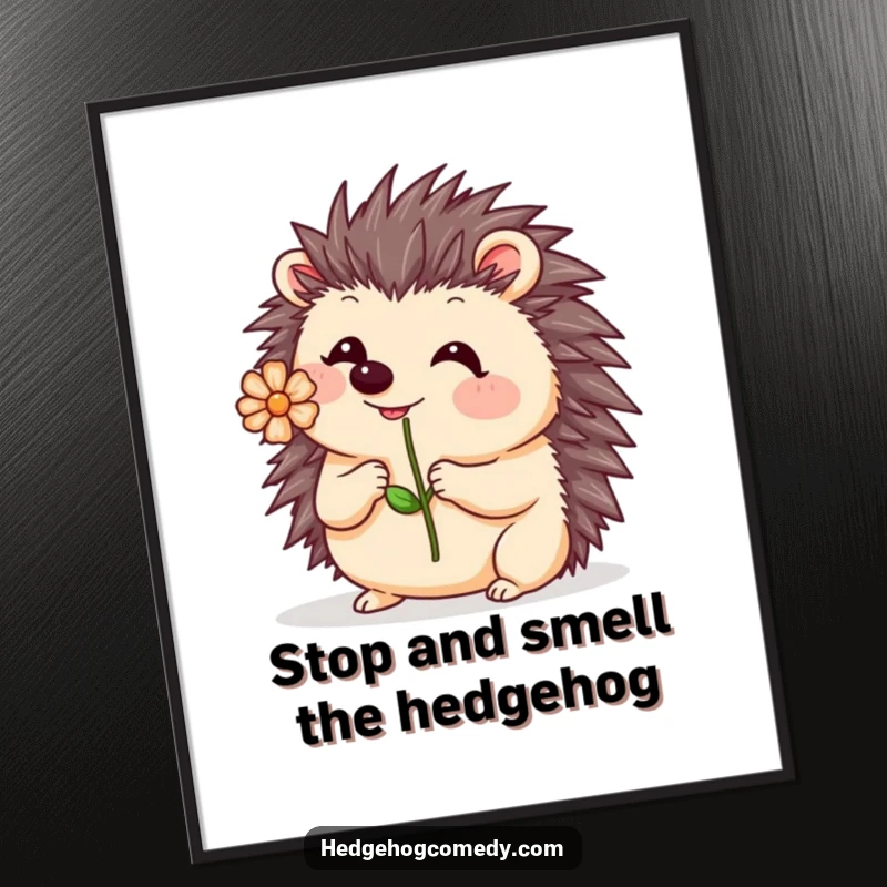 Funny Free Printable Wall Art: Kawaii hedgehog playfully balancing a small flower on its nose with a delightful wobble.