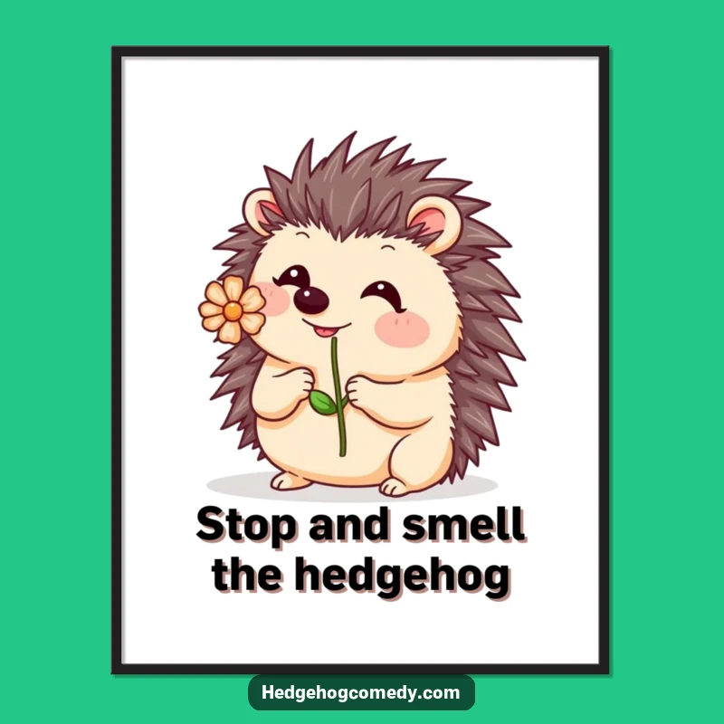 Free Printable Kawaii Hedgehog Flower Wall Art - Funny Humorous Downloadable Decor