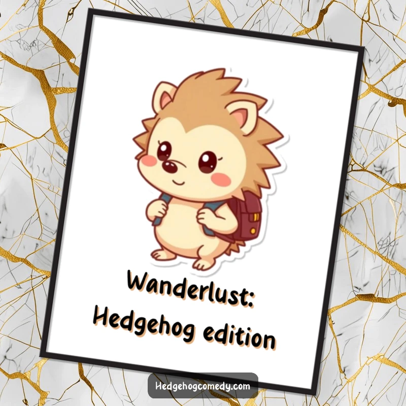 Funny Free Printable Wall Art: A curious hedgehog wearing a backpack looks with wonder, perfect for delightful downloadable art.
