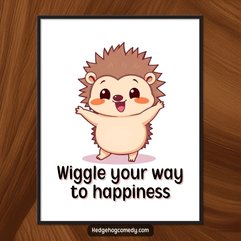 Funny Free Printable wall art of a kawaii hedgehog performing a silly dance with quills wiggling, capturing a moment of pure, unadulterated fun.