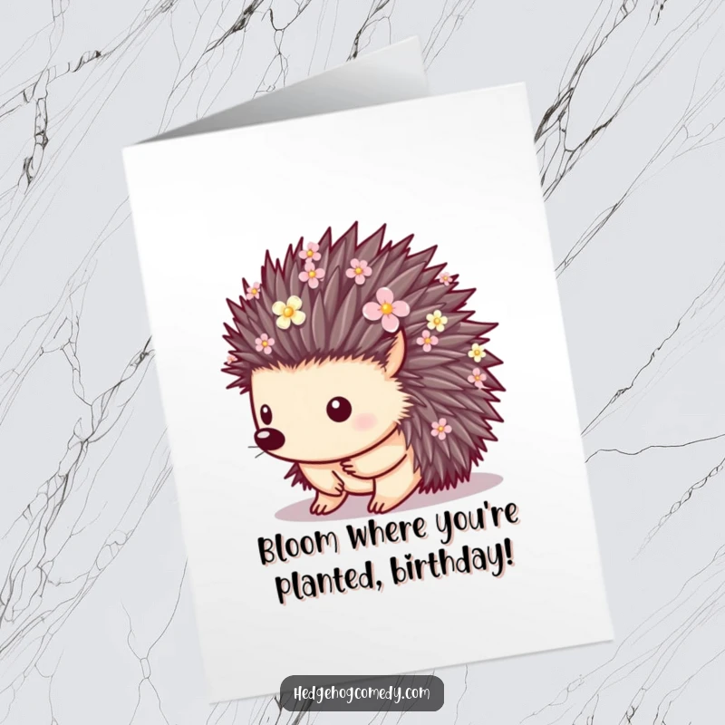Funny Free Printable Birthday Card featuring a hedgehog with quills decorated with small, colorful flowers, a delightful DIY greeting.