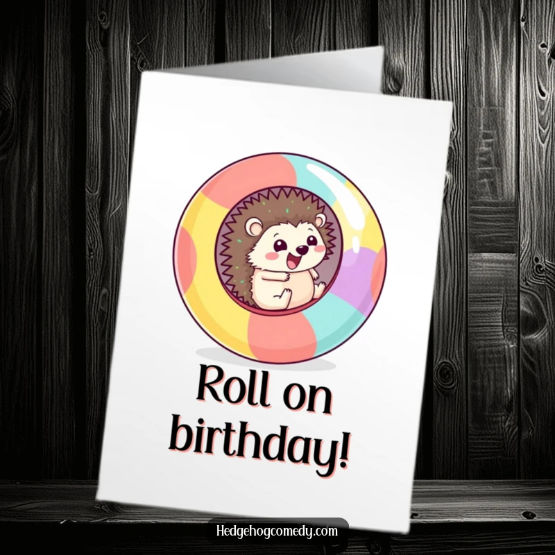 Funny Free Printable Birthday Card: Kawaii hedgehog joyfully rolling downhill inside a giant colorful ball.