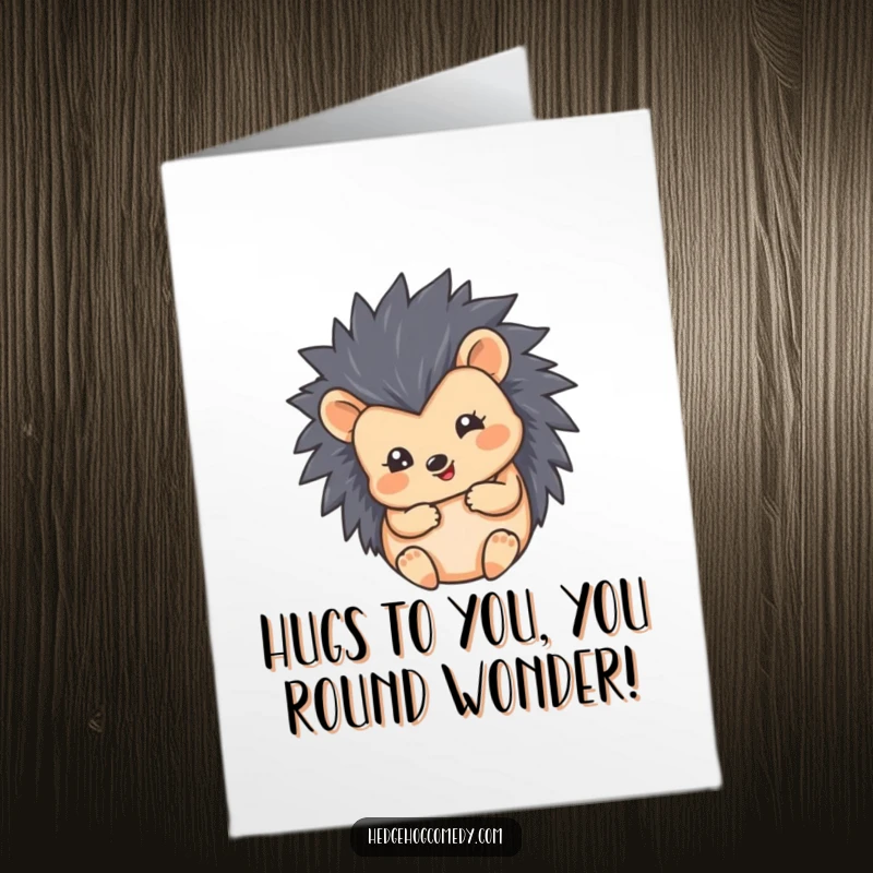 Funny Free Printable Birthday Card featuring a hedgehog perfectly curled into a happy, round ball, radiating contentment.