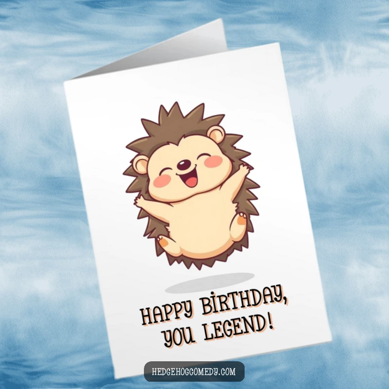 Funny Free Printable Birthday Card: Joyful hedgehog mid-somersault, looking ecstatic with a happy squeak.