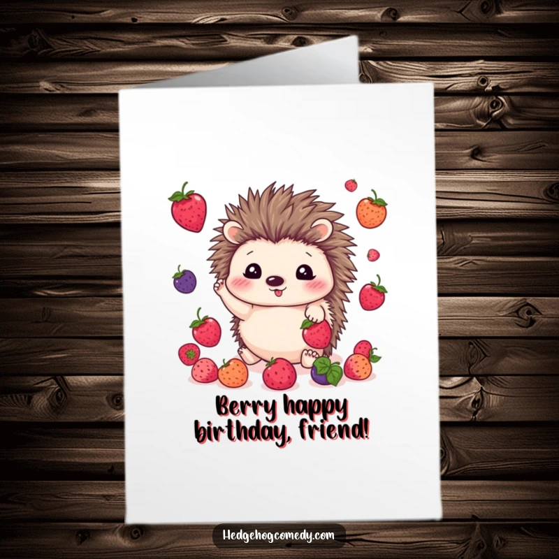 Funny Free Printable Birthday Card: Kawaii hedgehog juggles ripe berries with cheerful bright eyes.