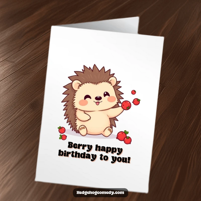 Funny Free Printable Birthday Card: Kawaii hedgehog character playfully juggling colorful berries, celebrating with festive flair and a big grin.