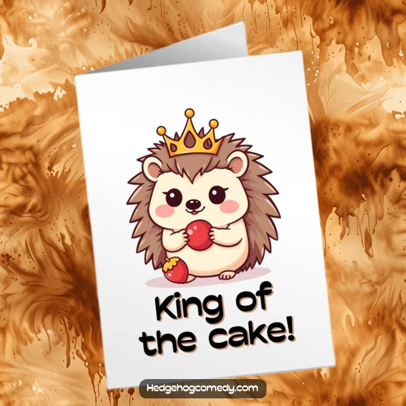 Funny Free Printable Birthday Card: Kawaii hedgehog with a crown balances a berry, ready to wish you a happy birthday.