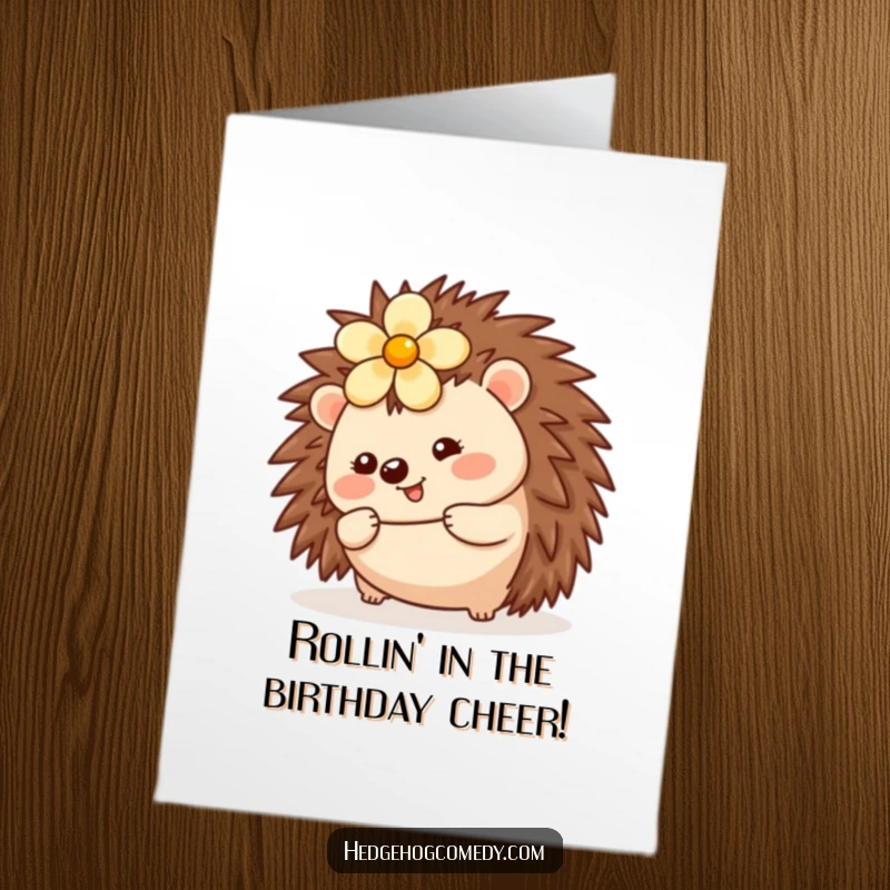 Funny Free Printable birthday card featuring a kawaii hedgehog with a flower rolling cheerfully, bringing joy and laughter, perfect for any celebration.