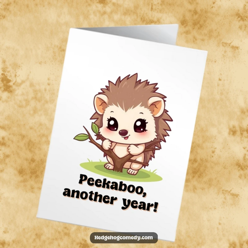 Funny Free Printable Birthday Card: A curious hedgehog peeks playfully from behind a twig, ready to celebrate.