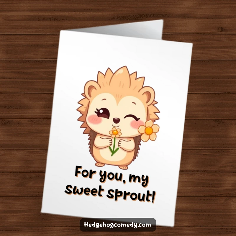 Funny Free Printable Birthday Card: A shy hedgehog with a sweet smile winks while offering a delicate flower.