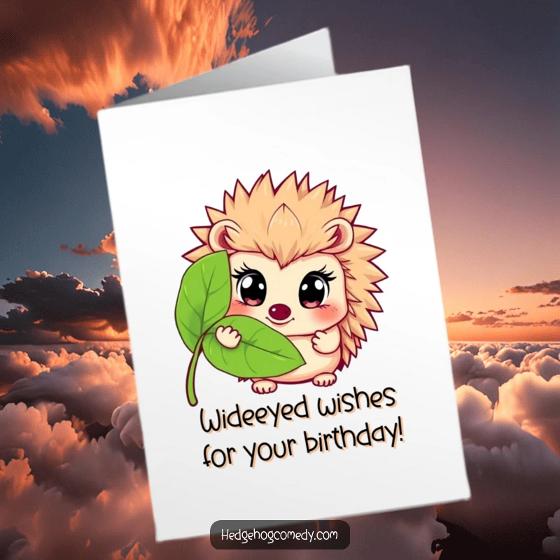 Funny Free Printable Birthday Card: Hedgehog with wide eyes peeking shyly from behind a large green leaf.