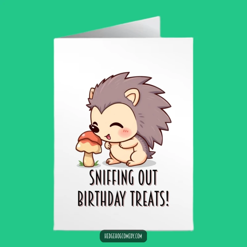Free Printable Birthday Card: Sniffing Hedgehog, Joyful Mushroom Hunt, Funny Downloadable Gift