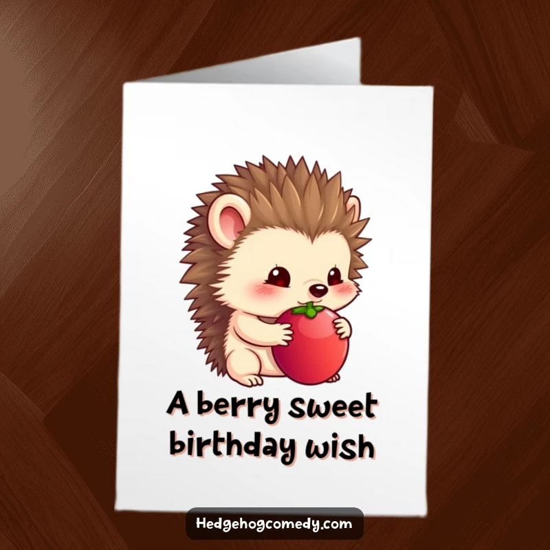 Funny Free Printable Birthday Card: Timid hedgehog shyly holds a large berry beneath its chin.
