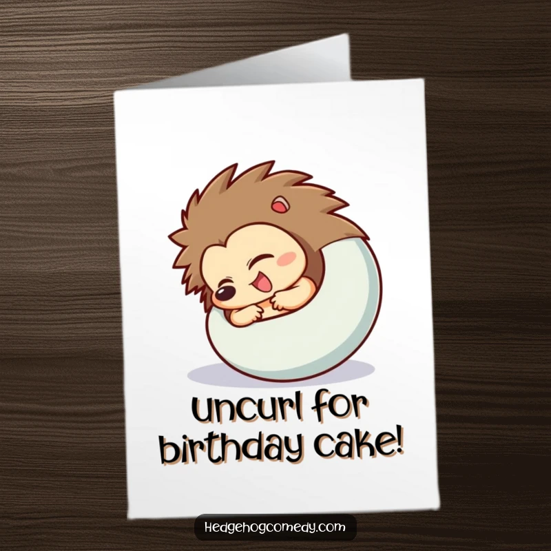 Funny Free Printable Birthday Card: Hedgehog character excitedly uncurling from a ball, a moment of joyful reveal.