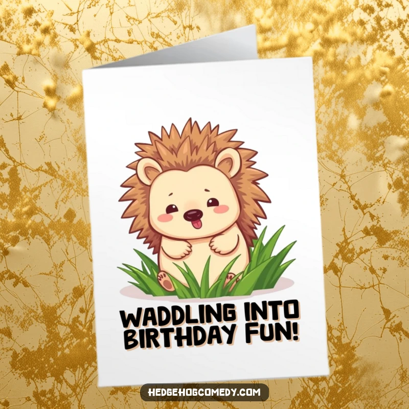 Funny Free Printable Birthday Card featuring a happy hedgehog cheerfully waddling through green grass, spreading joy and laughter.