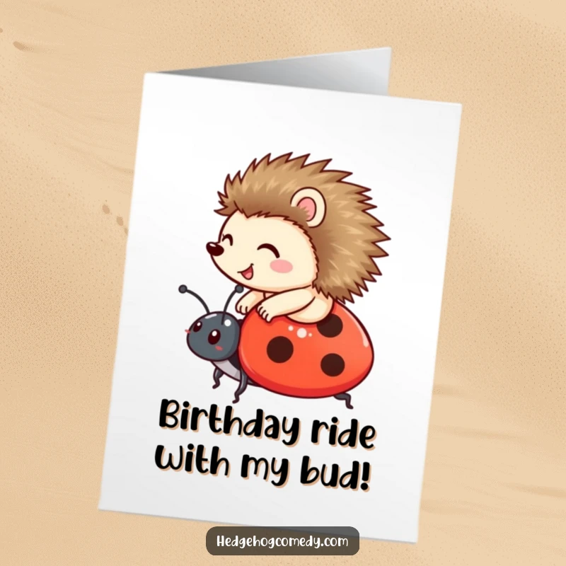Funny Free Printable Birthday Card featuring a happy hedgehog joyfully riding on the back of a friendly ladybug.
