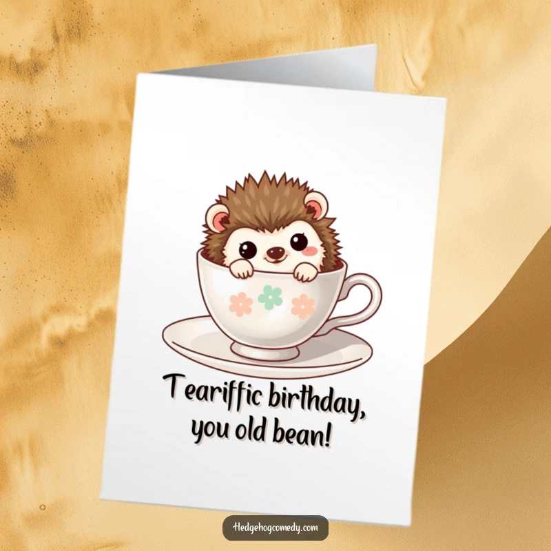 Funny Free Printable Birthday Card: Kawaii hedgehog shyly peeking from a tiny teacup with a grin.