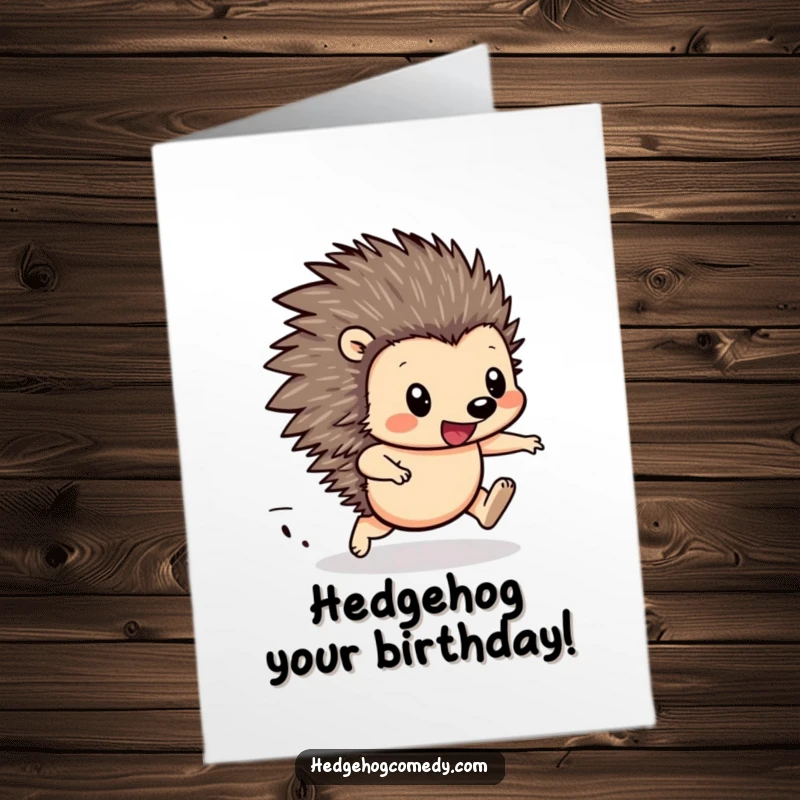 Funny Free Printable Birthday Card: Kawaii hedgehog with tiny legs a blur, racing forward happily.