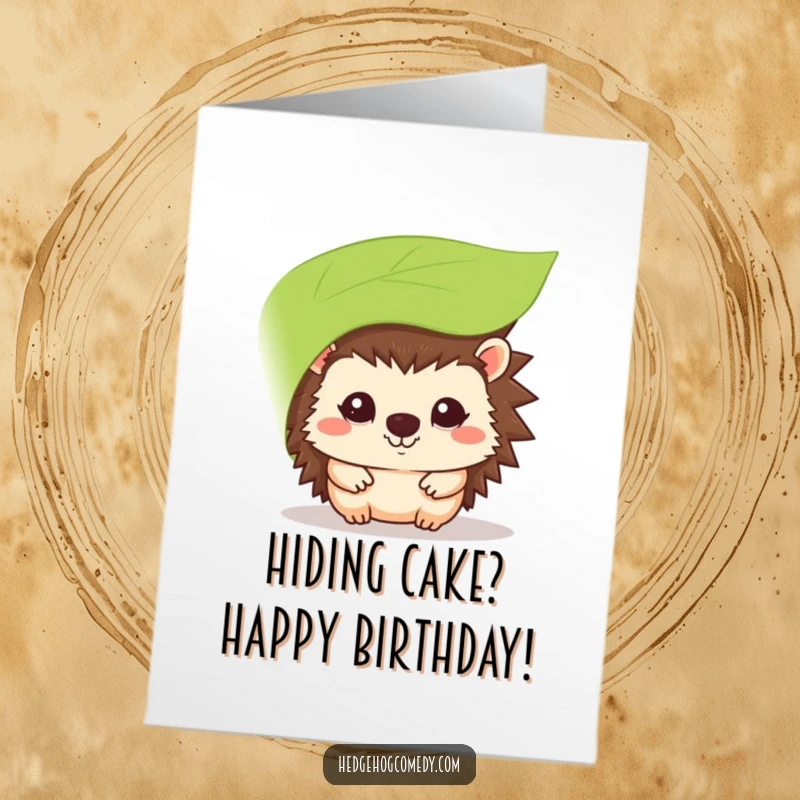 Funny Free Printable Birthday Card: Kawaii hedgehog character shyly smiling, peeking from behind a large green leaf, sending sweet birthday greetings.