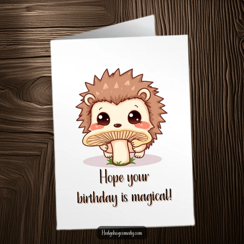 Funny Free Printable Birthday Card: Kawaii hedgehog curiously sniffing a dewy mushroom with wide, innocent eyes.