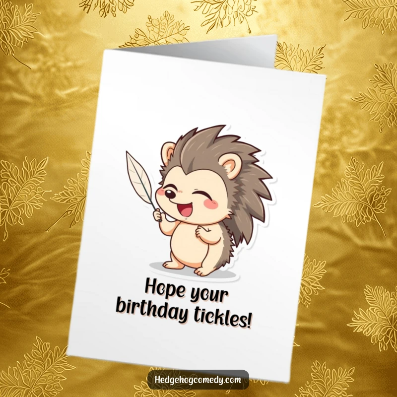 Funny Free Printable Birthday Card: A hedgehog giggles uncontrollably while being tickled by a light feather, radiating pure joy.