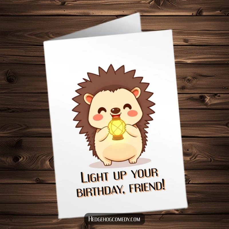 Funny Free Printable Birthday Card: Kawaii hedgehog happily holding a tiny, glowing lantern with radiant joy.