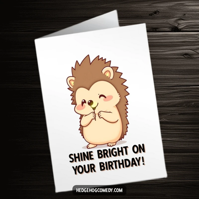 Funny Free Printable Birthday Card: A happy hedgehog cradles a glowing firefly, spreading warm light and downloadable birthday cheer.