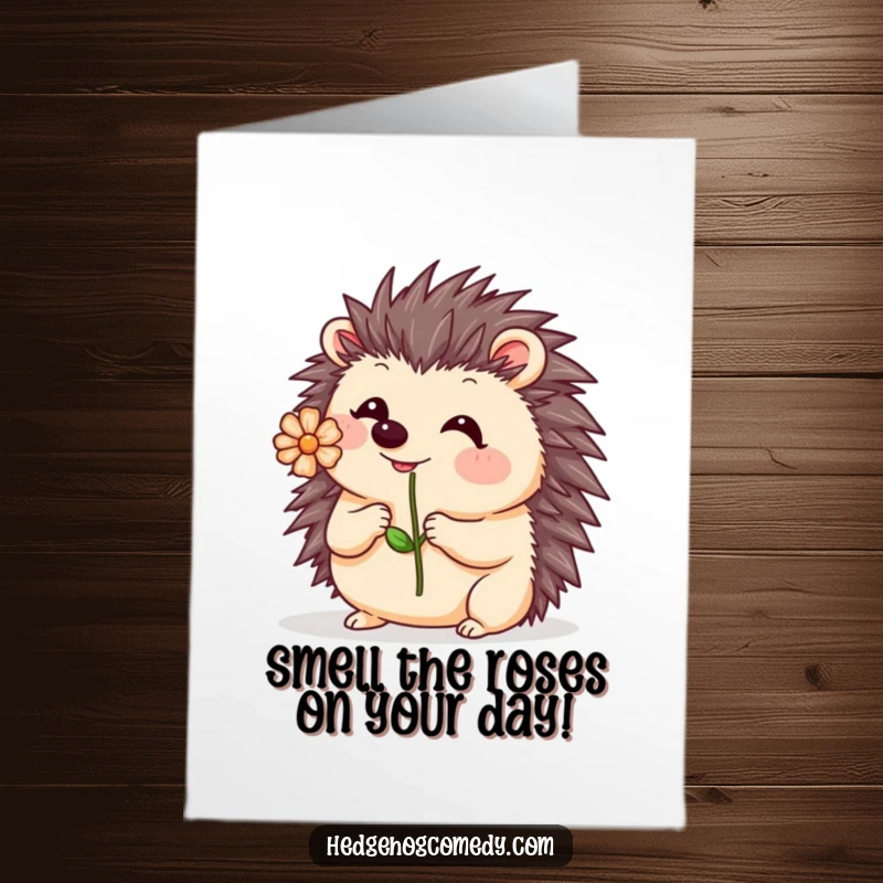 Funny Free Printable Birthday Card: Kawaii hedgehog playfully wobbling a small flower on its nose.