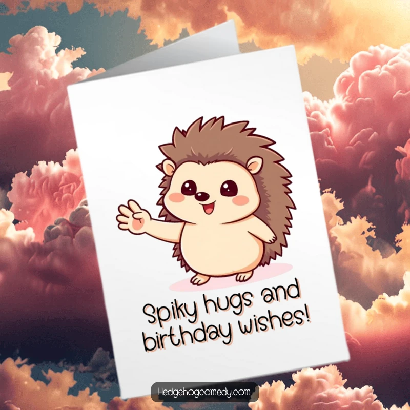 Funny Free Printable Birthday Card featuring a cute hedgehog waving a tiny paw with a cheerful expression, ready for a DIY celebration.
