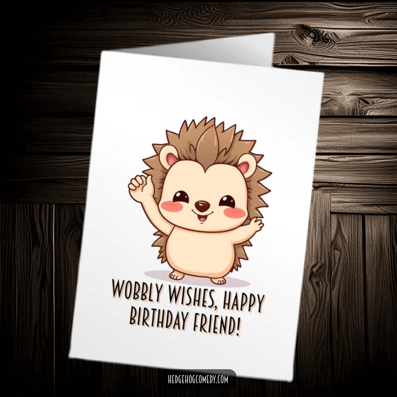Funny Free Printable Birthday Card: A friendly hedgehog gives a tiny wave with a distinctly wobbly foot.