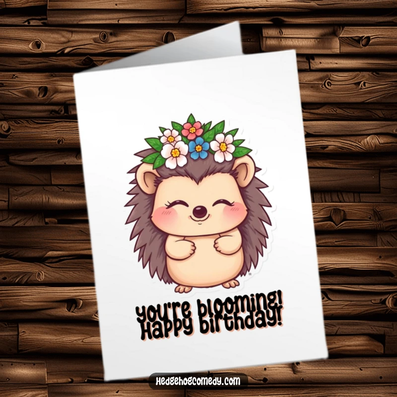 Funny Free Printable Birthday Card: A cute hedgehog winks playfully while wearing a tiny, adorable crown of flowers.