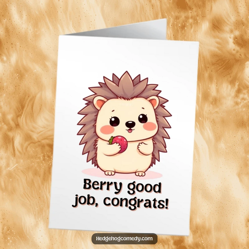 Funny Free Printable congratulations card with a kawaii hedgehog shyly offering a small berry and a gentle wave, a cute and thoughtful gesture.