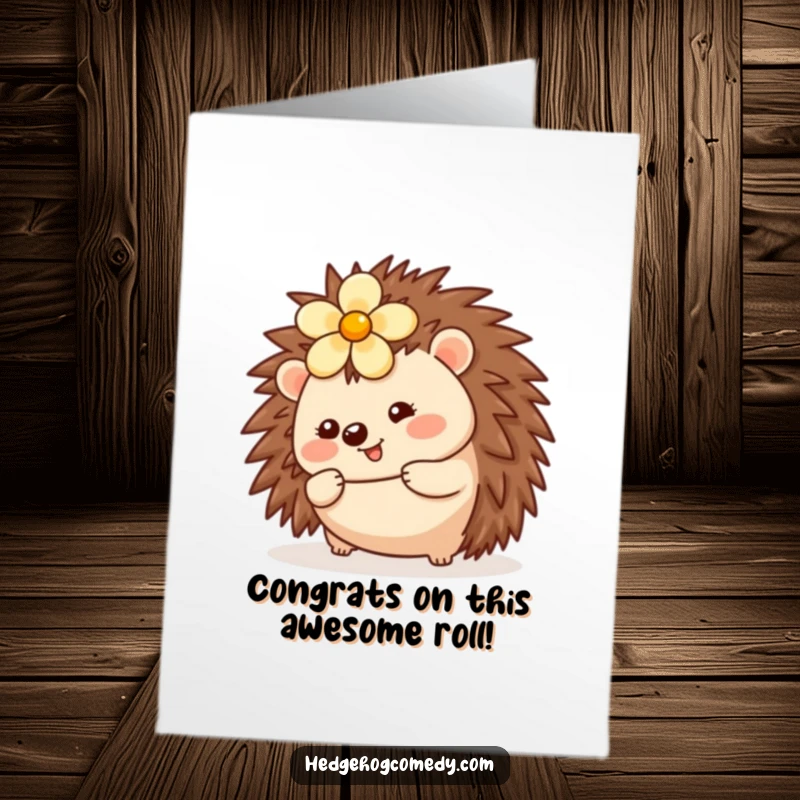 Funny Free Printable congratulations card with a kawaii hedgehog rolling cheerfully, celebrating success with an adorable and playful vibe, great for any achievement.