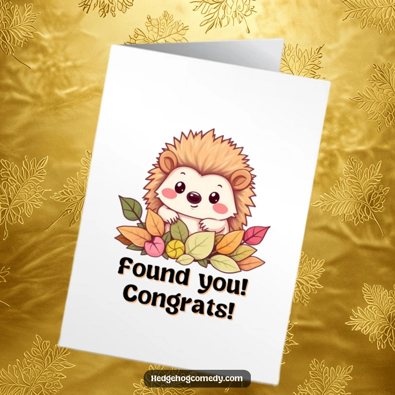 Funny Free Printable Congrats Card: Kawaii hedgehog peeking curiously from leaves, smiling with happy news.