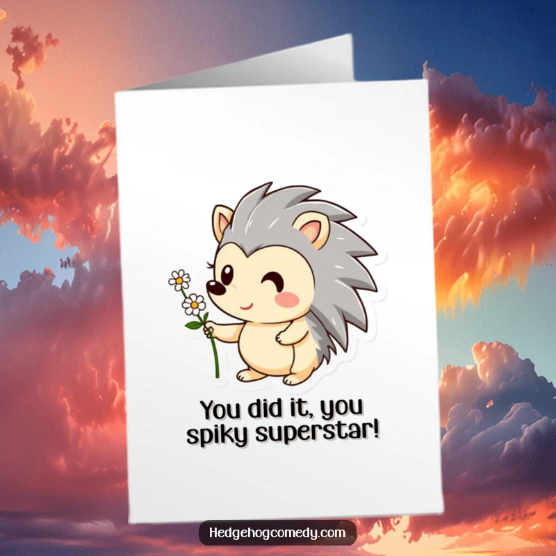 Funny Free Printable Congratulations Card with a sweet hedgehog offering a tiny flower, conveying sincere and humorous well-wishes.