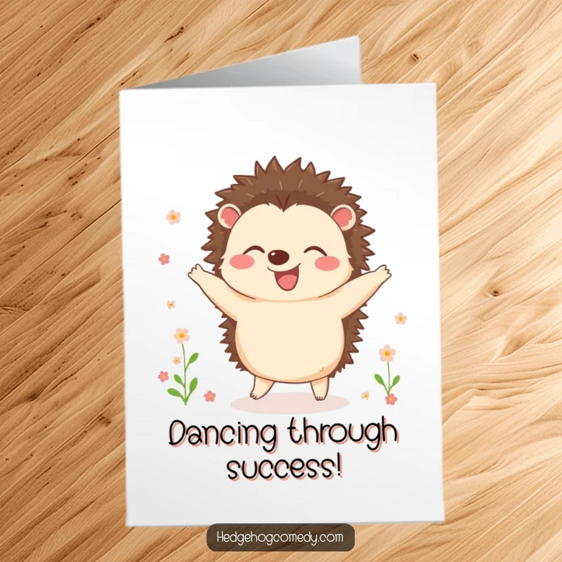 Funny Free Printable Congratulations Card: A joyful hedgehog dances happily as tiny flowers bloom around it, celebrating life's triumphs.