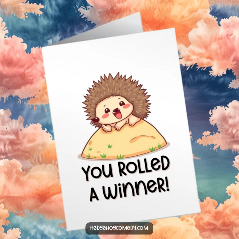 Funny Free Printable Congratulations Card: A happy hedgehog joyfully rolling downhill, celebrating big wins with pure delight.