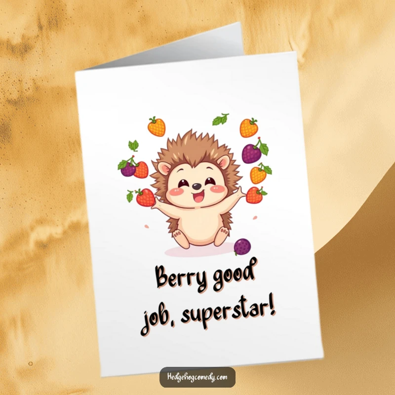 Funny Free Printable Congratulations Card: A hedgehog skillfully juggling colorful berries, celebrating your wonderful accomplishment.