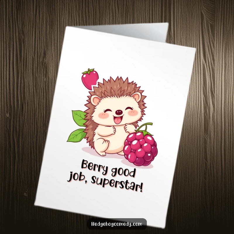 Funny Free Printable Congrats Card: Cute hedgehog rolling a large berry with pure delight, celebrating a big win.
