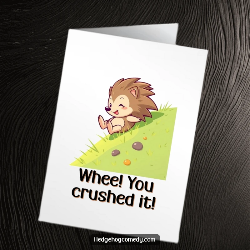 Funny Free Printable Congratulations Card: A hedgehog joyfully slides down a grassy hill, celebrating success with hilarious downloadable art.