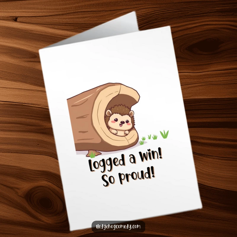 Funny Free Printable Congratulations Card: A giggling hedgehog peeks out from a giant hollow log, celebrating success with humor.