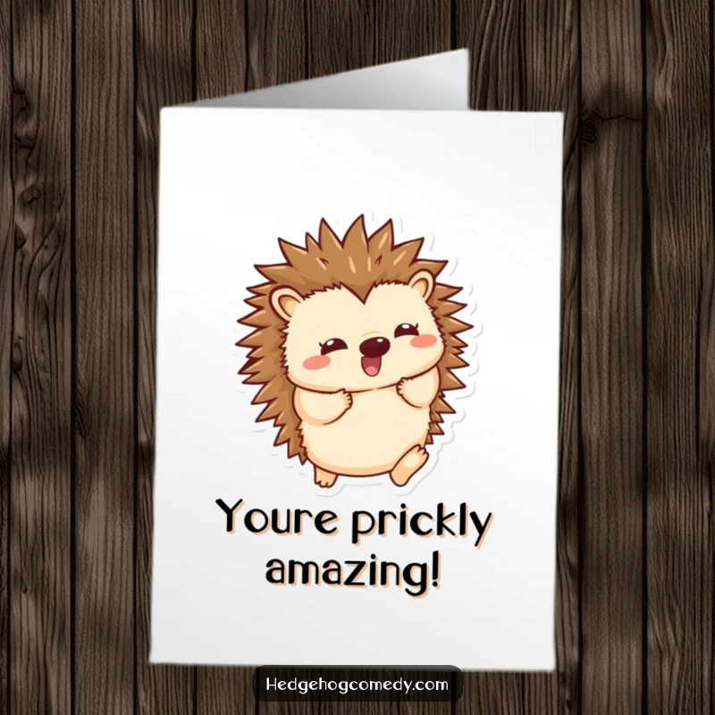 Funny Free Printable Congrats Card: Kawaii hedgehog playfully unfurling spines, energetic wiggle celebration, great DIY gift.