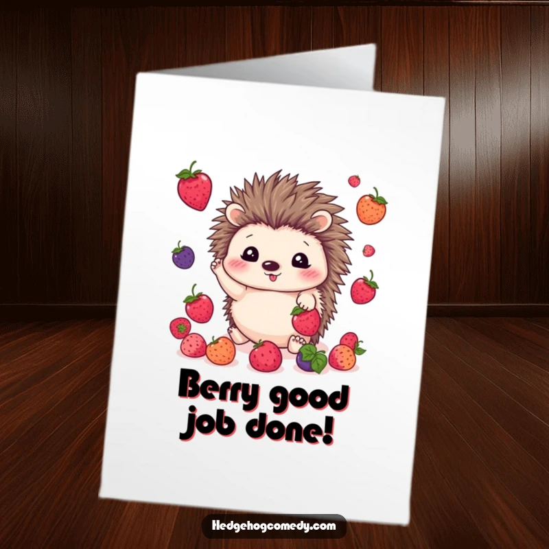 Funny Free Printable Congrats Card: Kawaii hedgehog juggles berries, symbolizing a fruitful achievement.