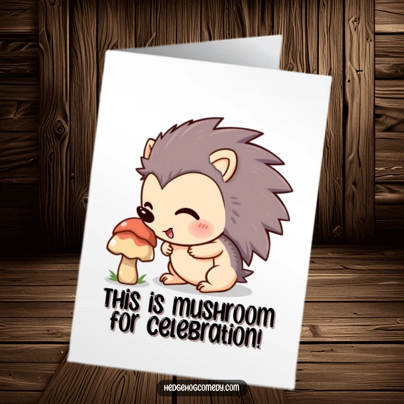 Funny Free Printable Congratulations Card showing a hedgehog excitedly sniffing a mushroom, celebrating discoveries and new beginnings.