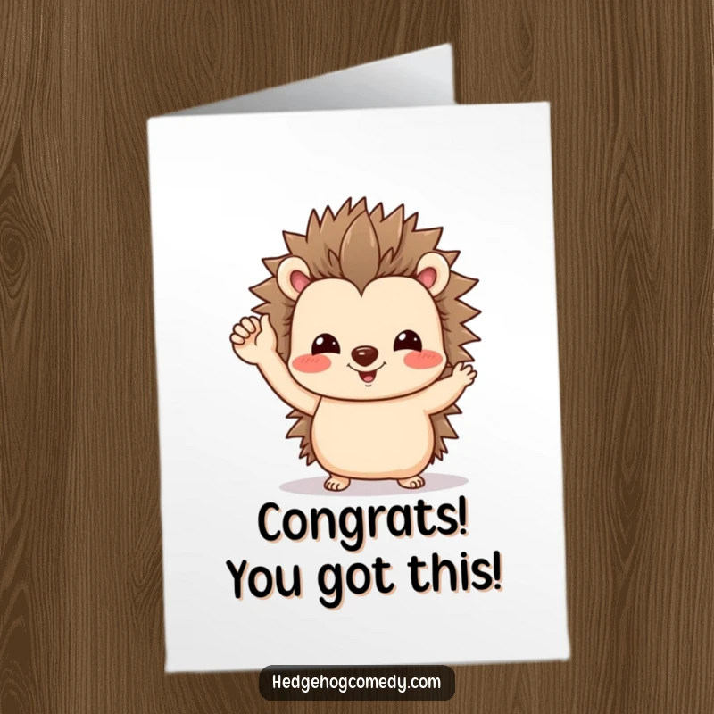 Funny Free Printable Congratulations Card: A friendly hedgehog waves a tiny, wobbly greeting.